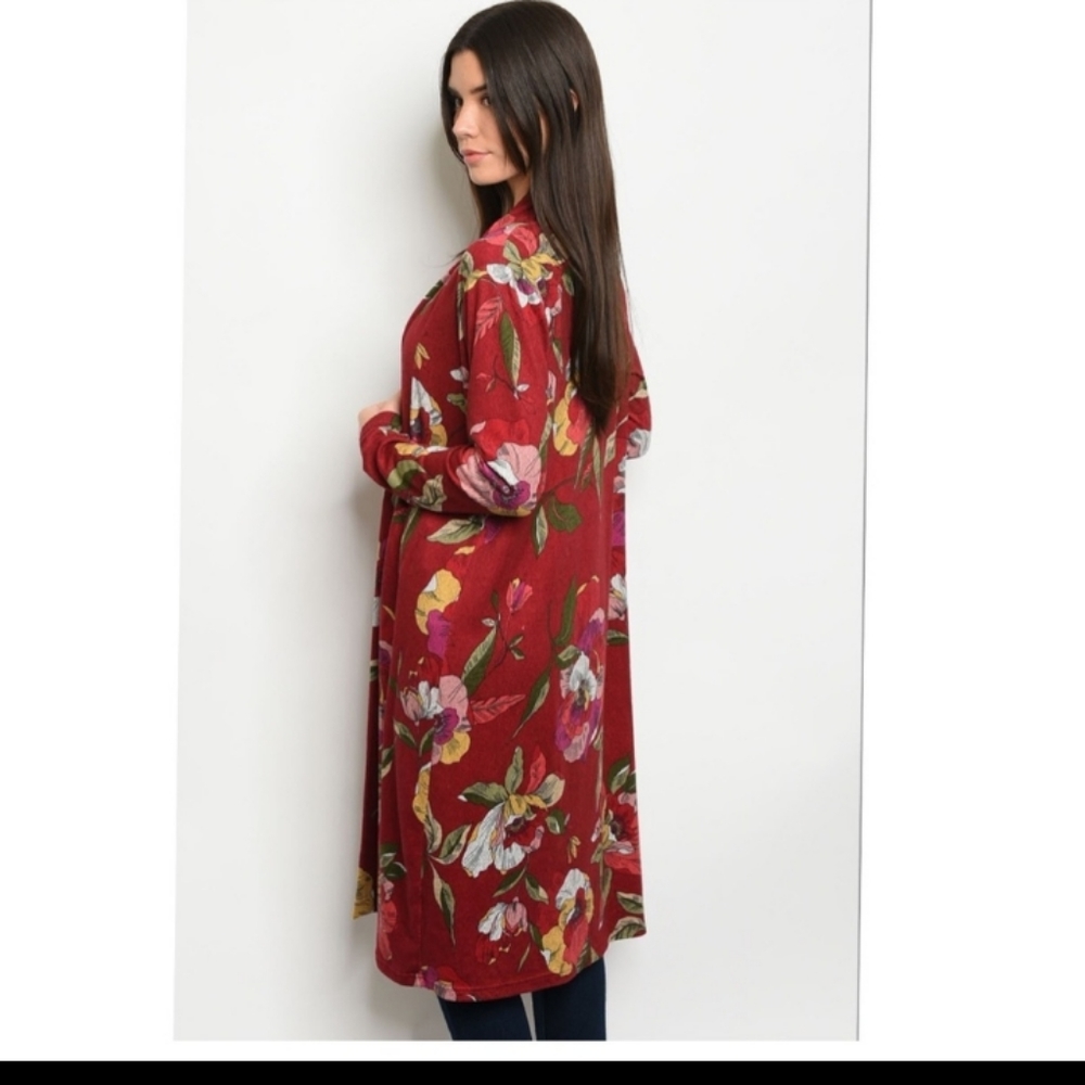 Floral Burgundy Duster Cardigan - Picture 2 of 4